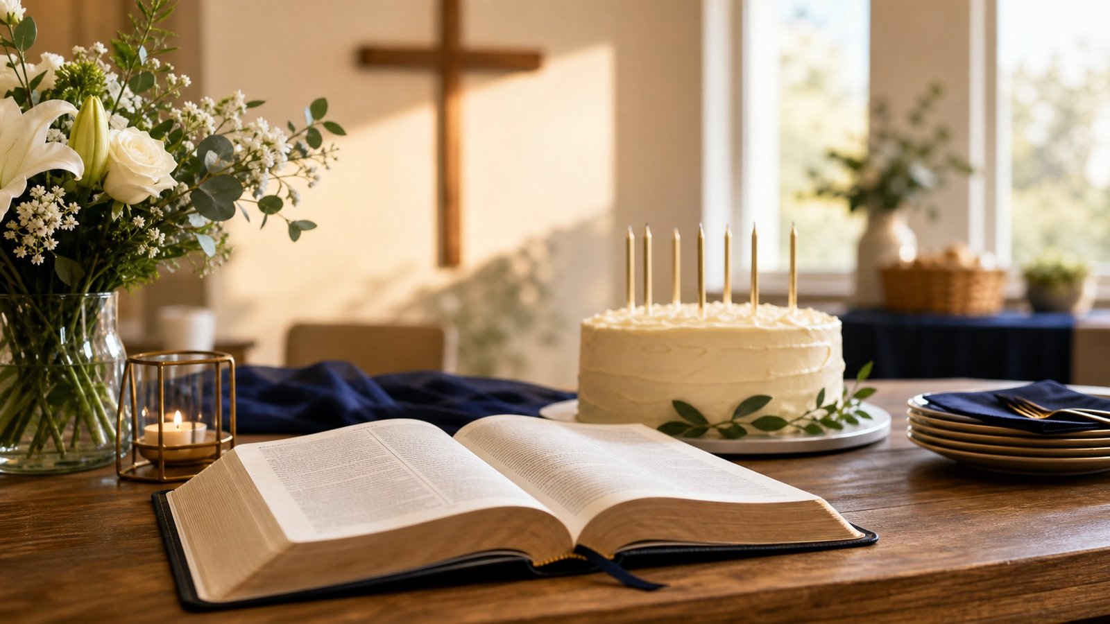 Open Bible and simple cake prepared for a Christian birthday thanksgiving celebration