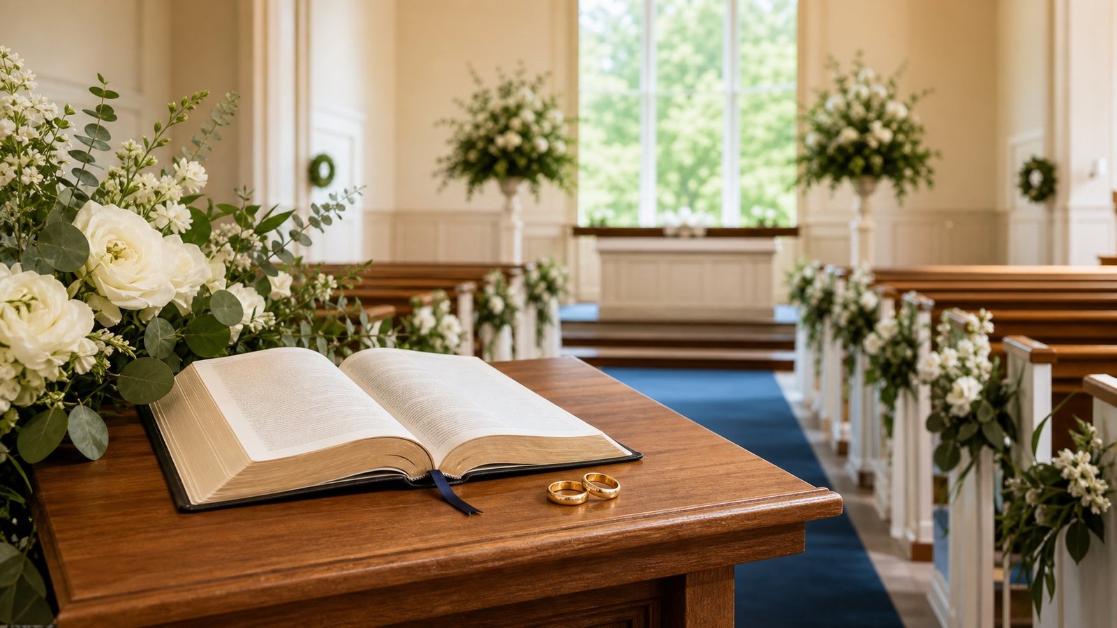 Open Bible and wedding rings prepared for a Christian marriage service